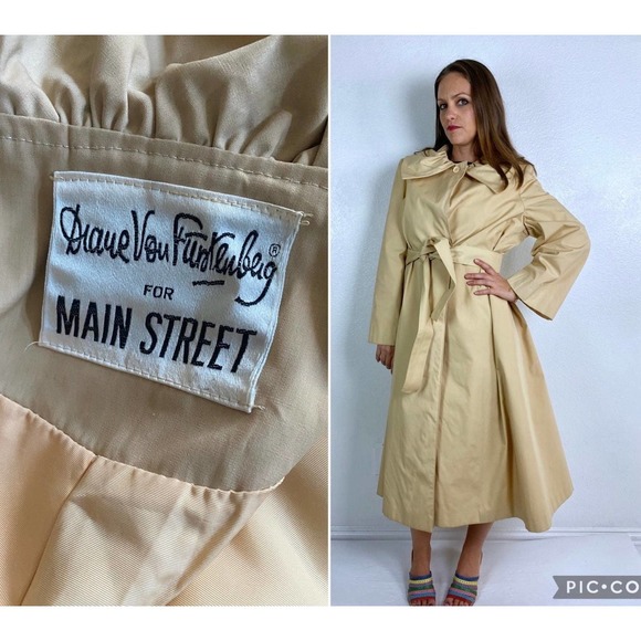 vintage 70s Diane Von Furstenberg DVF Belted TRENCH COAT Large tan swing jacket - Picture 1 of 10